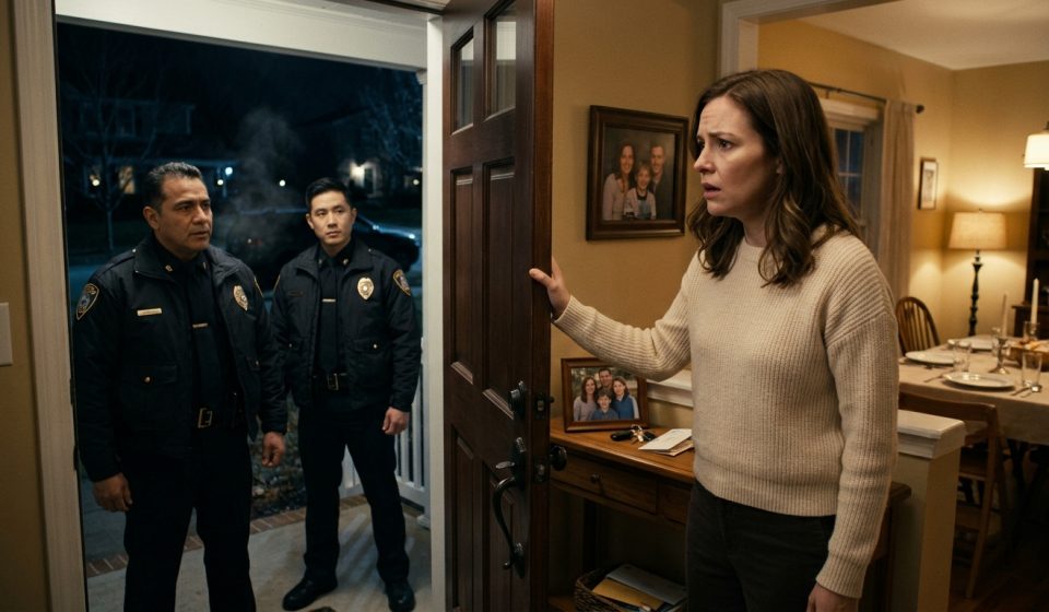 A grieving mother stands in the doorway of her family home as two police officers deliver devastating news about her husband and son.