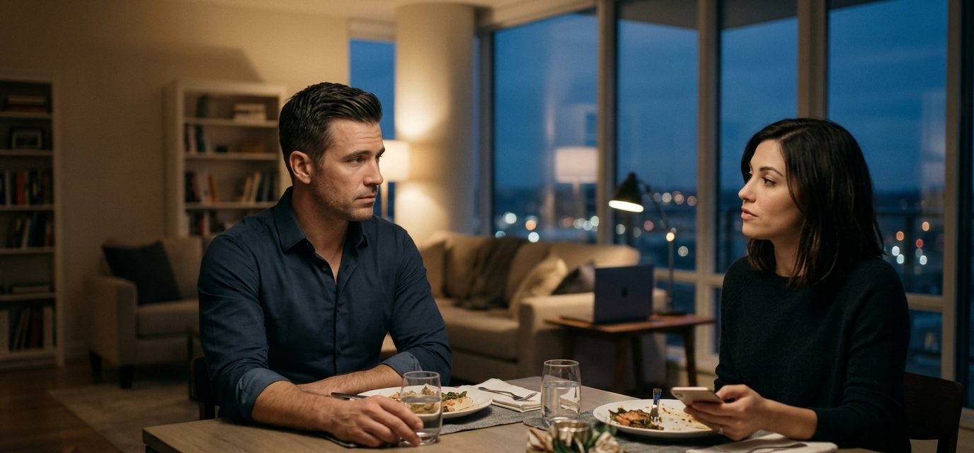 A software engineer confronts his girlfriend in their apartment after she refuses to cut off contact with her ex-boyfriend despite his career sacrifices.
