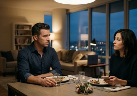 A software engineer confronts his girlfriend in their apartment after she refuses to cut off contact with her ex-boyfriend despite his career sacrifices.