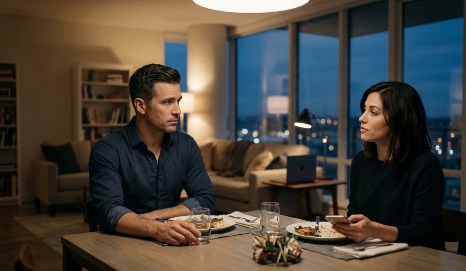 A software engineer confronts his girlfriend in their apartment after she refuses to cut off contact with her ex-boyfriend despite his career sacrifices.