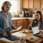 Clara looking at her retirement account statement while her daughter-in-law eats peach cobbler and her son avoids eye contact.