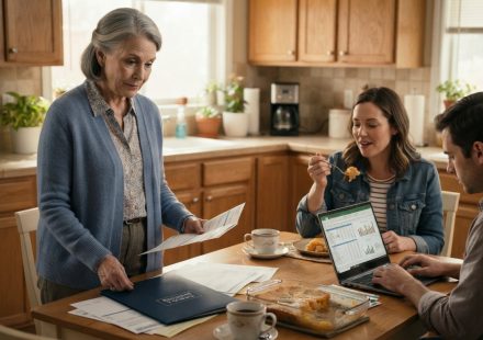 Clara looking at her retirement account statement while her daughter-in-law eats peach cobbler and her son avoids eye contact.