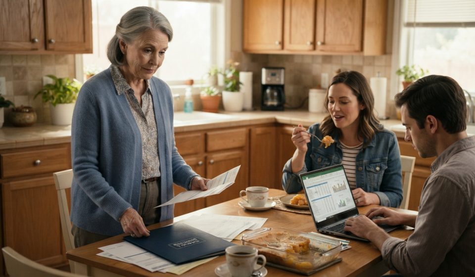 Clara looking at her retirement account statement while her daughter-in-law eats peach cobbler and her son avoids eye contact.