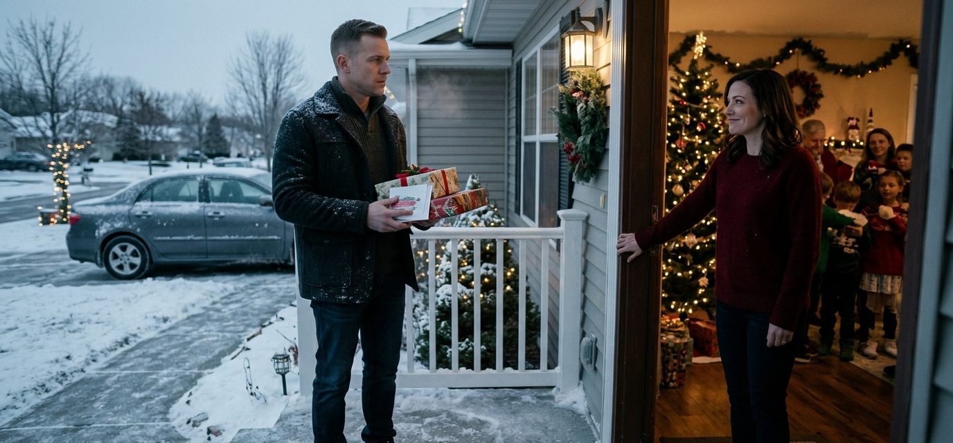 A disappointed man holding wrapped Christmas gifts stands outside his sister's warmly decorated house as she refuses to let him join the family celebration.