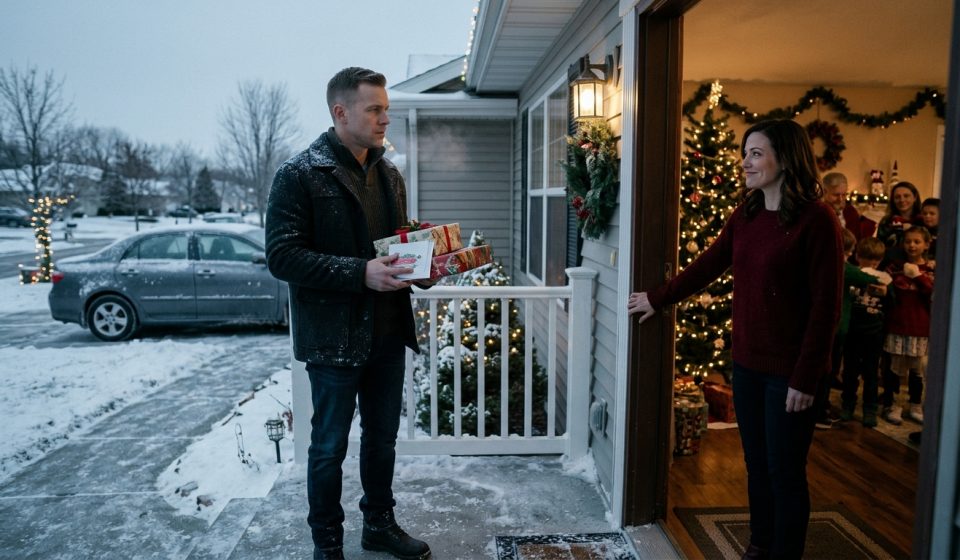 A disappointed man holding wrapped Christmas gifts stands outside his sister's warmly decorated house as she refuses to let him join the family celebration.