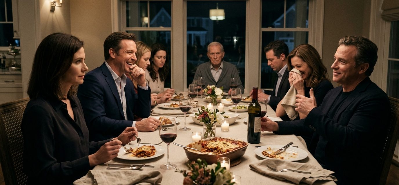 A composed woman sits at an elegant dinner table while her husband's friends laugh at her cooking and an older guest quietly observes.