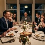 A composed woman sits at an elegant dinner table while her husband's friends laugh at her cooking and an older guest quietly observes.