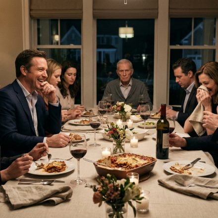 A composed woman sits at an elegant dinner table while her husband's friends laugh at her cooking and an older guest quietly observes.