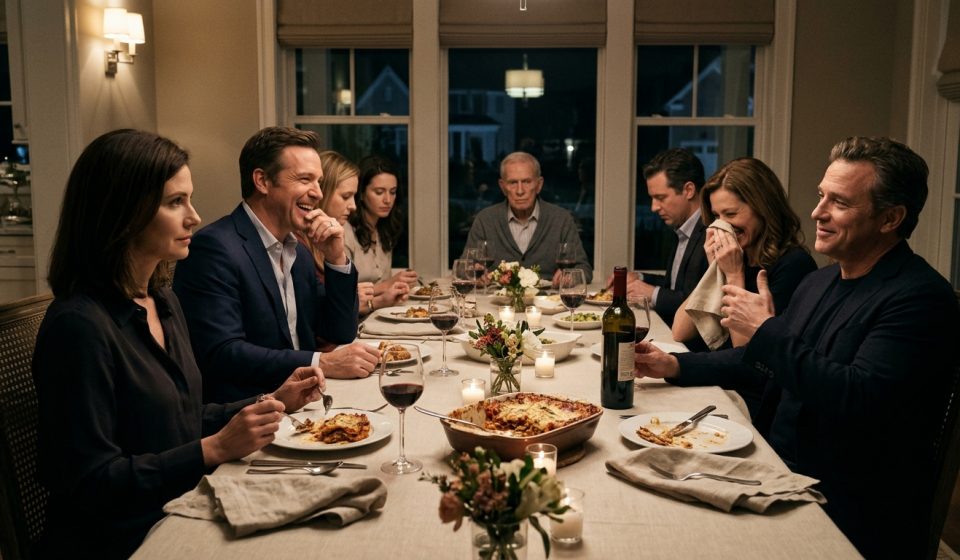A composed woman sits at an elegant dinner table while her husband's friends laugh at her cooking and an older guest quietly observes.