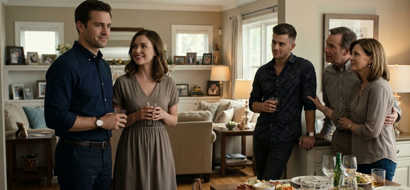 A newly engaged couple stands beside the man's younger brother and unsupportive parents during a tense family gathering.