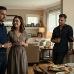 A newly engaged couple stands beside the man's younger brother and unsupportive parents during a tense family gathering.