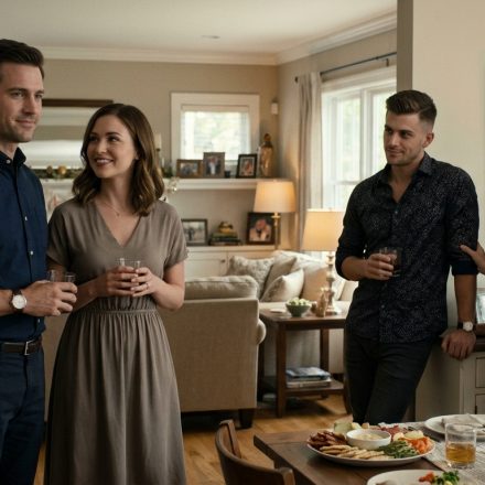 A newly engaged couple stands beside the man's younger brother and unsupportive parents during a tense family gathering.