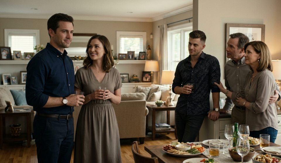 A newly engaged couple stands beside the man's younger brother and unsupportive parents during a tense family gathering.