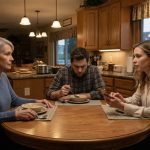 Hazel sits calmly at her kitchen table while her daughter-in-law argues about household expenses and her uncomfortable son looks down.