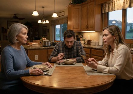 Hazel sits calmly at her kitchen table while her daughter-in-law argues about household expenses and her uncomfortable son looks down.
