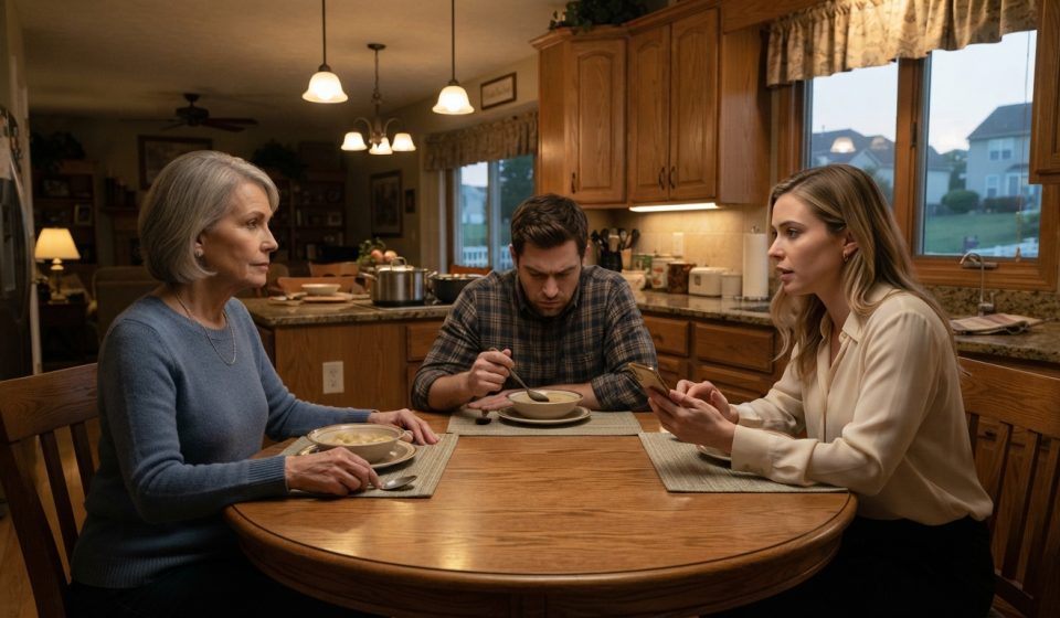 Hazel sits calmly at her kitchen table while her daughter-in-law argues about household expenses and her uncomfortable son looks down.