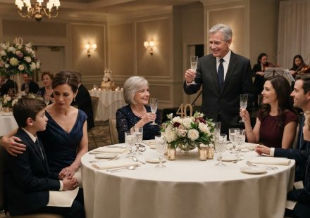 Linda and her hurt son sit at an anniversary dinner as her father raises a champagne glass and praises her sister's family.
