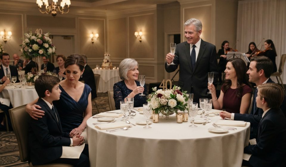 Linda and her hurt son sit at an anniversary dinner as her father raises a champagne glass and praises her sister's family.