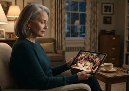 Martha sitting alone with her tablet after discovering she was excluded from her son and daughter-in-law's anniversary dinner.