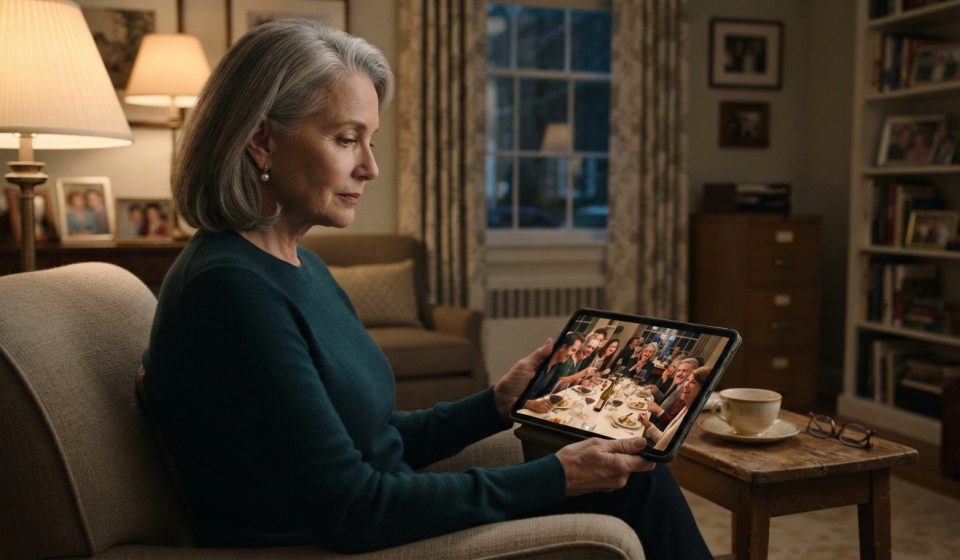 Martha sitting alone with her tablet after discovering she was excluded from her son and daughter-in-law's anniversary dinner.