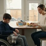 Sarah caring for her silent 12-year-old stepson Marcus as he sits quietly in his wheelchair inside their suburban home.