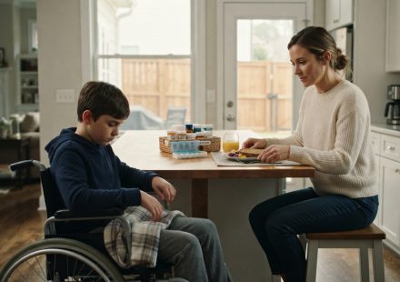 Sarah caring for her silent 12-year-old stepson Marcus as he sits quietly in his wheelchair inside their suburban home.