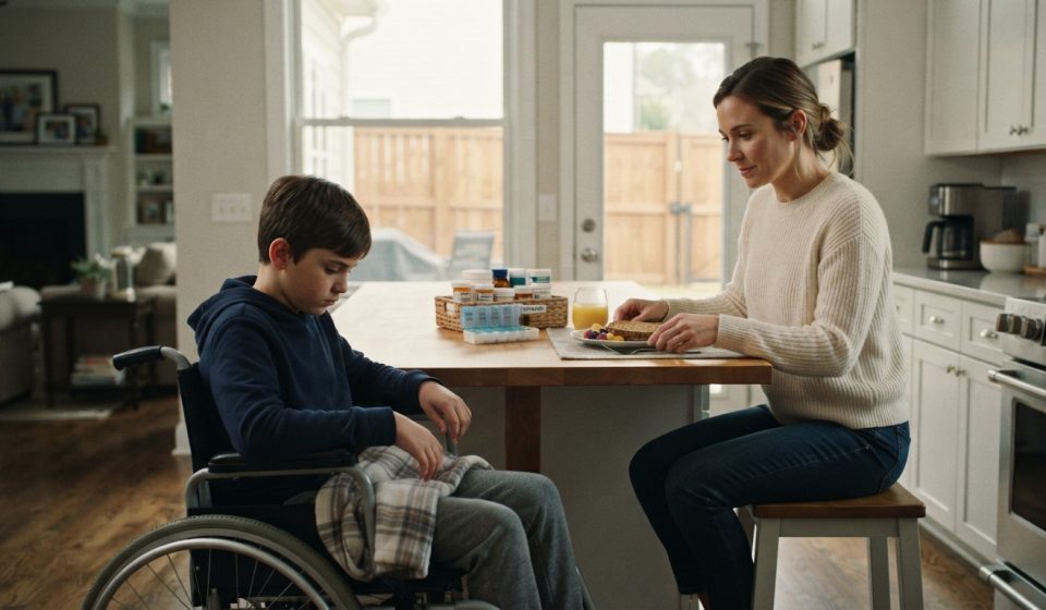 Sarah caring for her silent 12-year-old stepson Marcus as he sits quietly in his wheelchair inside their suburban home.