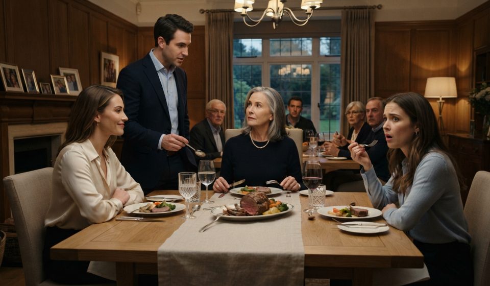 Mother sitting calmly at a family dinner as her son announces plans to give her cottage to his wife