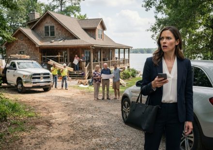 Woman arriving at her Lake Conroe property and discovering her parents and construction workers outside her lake house