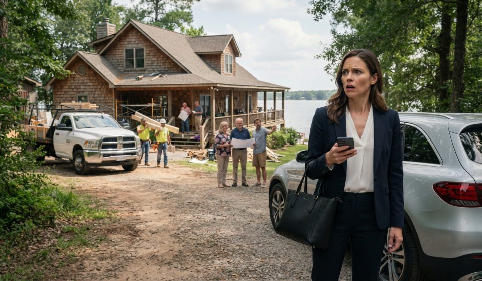 Woman arriving at her Lake Conroe property and discovering her parents and construction workers outside her lake house