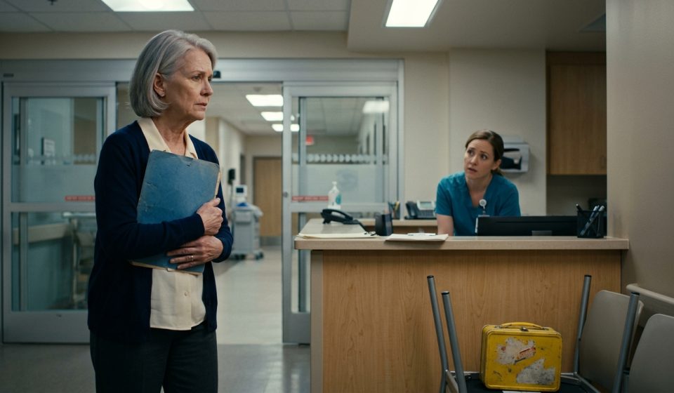 A worried grandmother holding a blue medical folder stands outside the glass doors of a hospital intensive care unit while a nurse explains a visitor restriction.