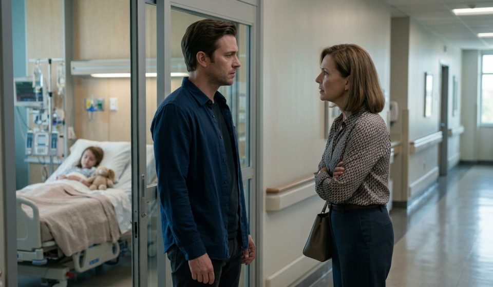A distressed father confronting his demanding mother outside his six-year-old daughter's hospital room, with the sick child resting in a hospital bed behind them.