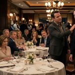 A well-dressed man is pushed away from an upscale steakhouse dinner table by his cousin while several relatives watch in silence.