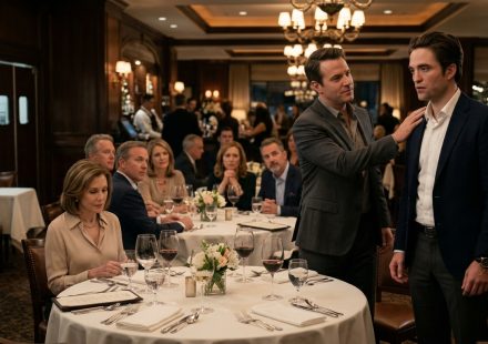 A well-dressed man is pushed away from an upscale steakhouse dinner table by his cousin while several relatives watch in silence.