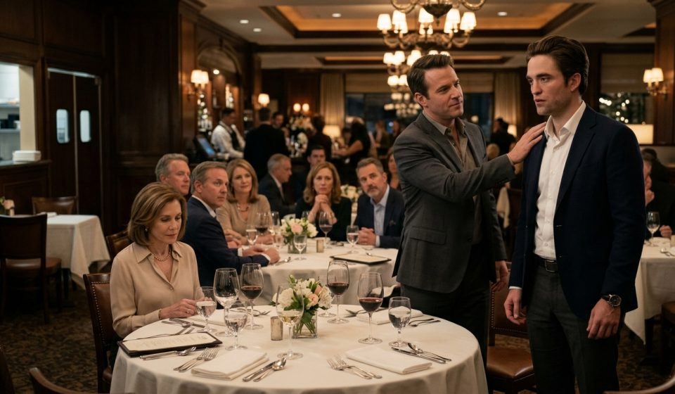 A well-dressed man is pushed away from an upscale steakhouse dinner table by his cousin while several relatives watch in silence.
