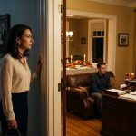 A professional woman stands in the hallway of an elegant family home, overhearing her father speak to her brother inside a study while her mother watches with a knowing smile.