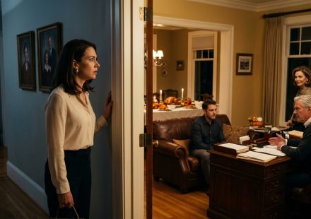 A professional woman stands in the hallway of an elegant family home, overhearing her father speak to her brother inside a study while her mother watches with a knowing smile.