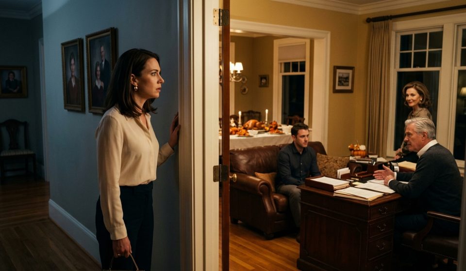 A professional woman stands in the hallway of an elegant family home, overhearing her father speak to her brother inside a study while her mother watches with a knowing smile.