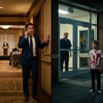 A worried father in a business suit answers an urgent phone call in a hotel conference hallway while his frightened eight-year-old son stands barefoot outside a school at night.