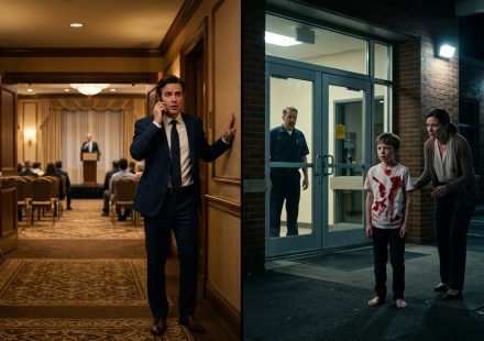 A worried father in a business suit answers an urgent phone call in a hotel conference hallway while his frightened eight-year-old son stands barefoot outside a school at night.