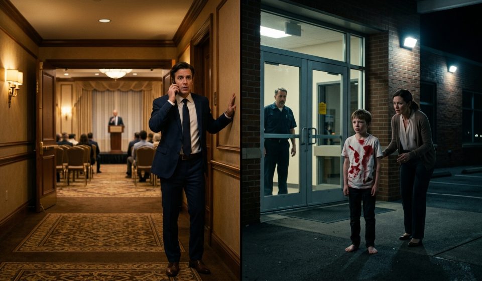A worried father in a business suit answers an urgent phone call in a hotel conference hallway while his frightened eight-year-old son stands barefoot outside a school at night.