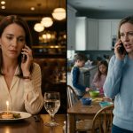 A twenty-nine-year-old woman receiving an upsetting phone call from her sister while sitting alone at a restaurant table with her birthday dinner.
