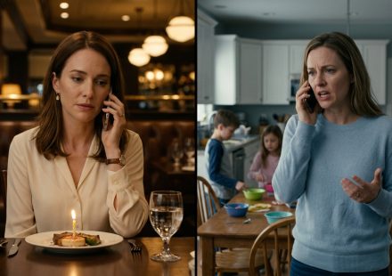 A twenty-nine-year-old woman receiving an upsetting phone call from her sister while sitting alone at a restaurant table with her birthday dinner.