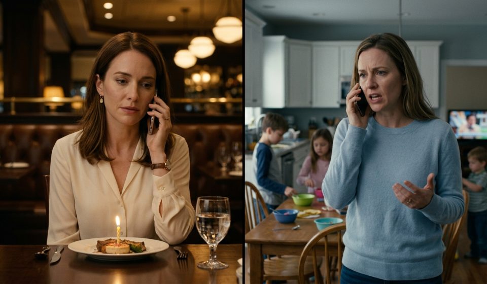 A twenty-nine-year-old woman receiving an upsetting phone call from her sister while sitting alone at a restaurant table with her birthday dinner.