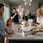 A mother and her eight-year-old daughter stand in a decorated kitchen as a stylish sister-in-law returns a boxed iPad while the grandmother looks on.