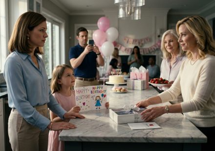 A mother and her eight-year-old daughter stand in a decorated kitchen as a stylish sister-in-law returns a boxed iPad while the grandmother looks on.