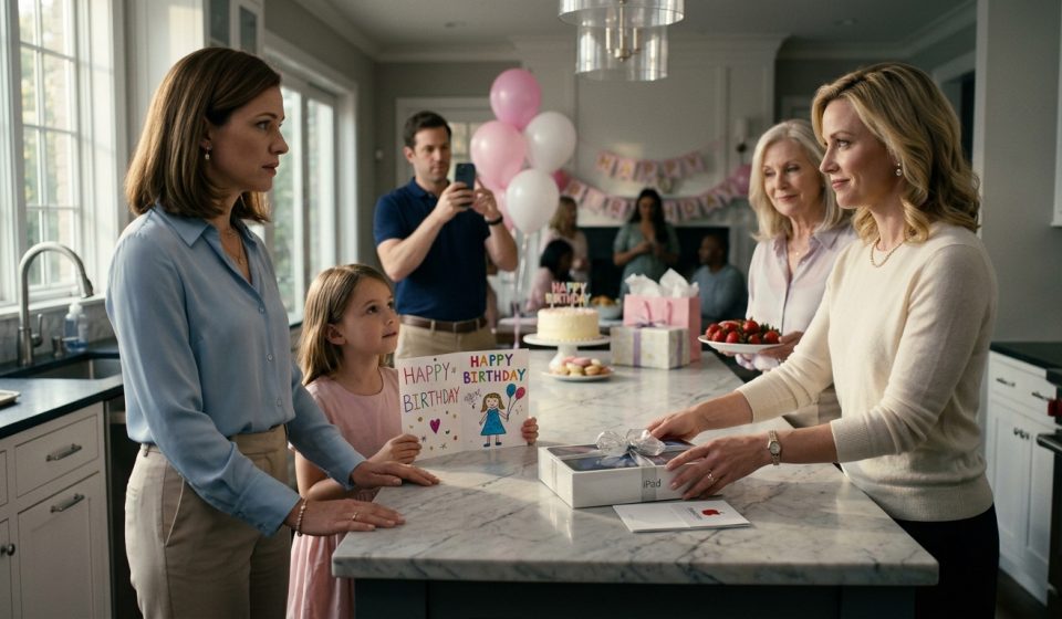 A mother and her eight-year-old daughter stand in a decorated kitchen as a stylish sister-in-law returns a boxed iPad while the grandmother looks on.