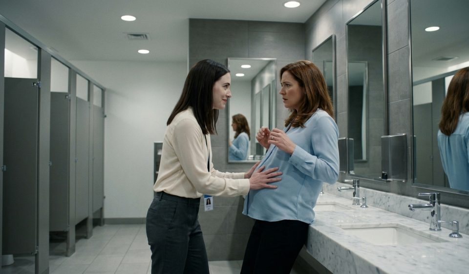 A frightened pregnant office worker pulls away as a female coworker places her hands on her stomach inside a modern corporate bathroom.