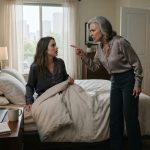 Exhausted professional woman sitting up in bed while her angry mother-in-law stands over her demanding breakfast at 7 a.m.