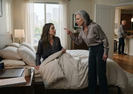 Exhausted professional woman sitting up in bed while her angry mother-in-law stands over her demanding breakfast at 7 a.m.